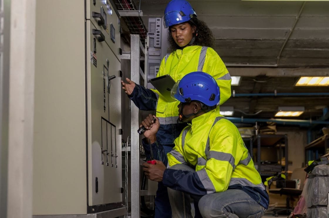 Two electricians looking at an electrical box